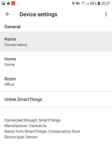 Puede cambiar el nombre de cualquier dispositivo o sensor SmartThings dentro de la aplicación Google Home. 