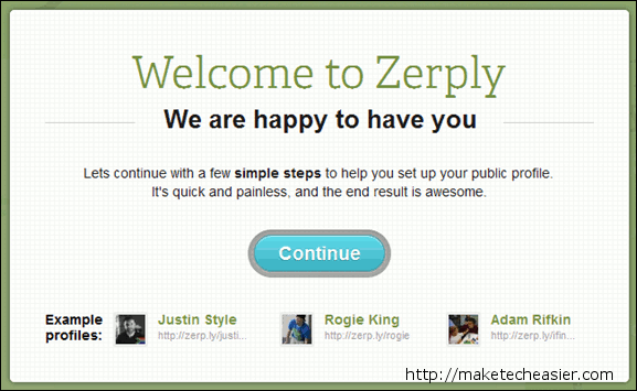 Pantalla de bienvenida Zerply