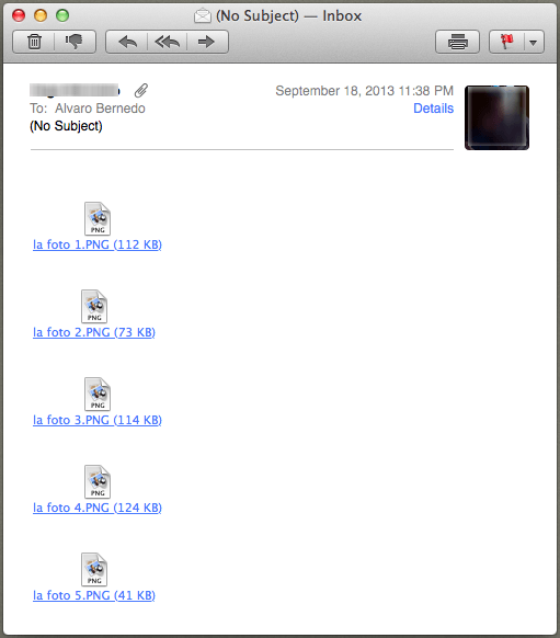 Esto es Mail en Mac OS X con las vistas previas de archivos adjuntos deshabilitadas.