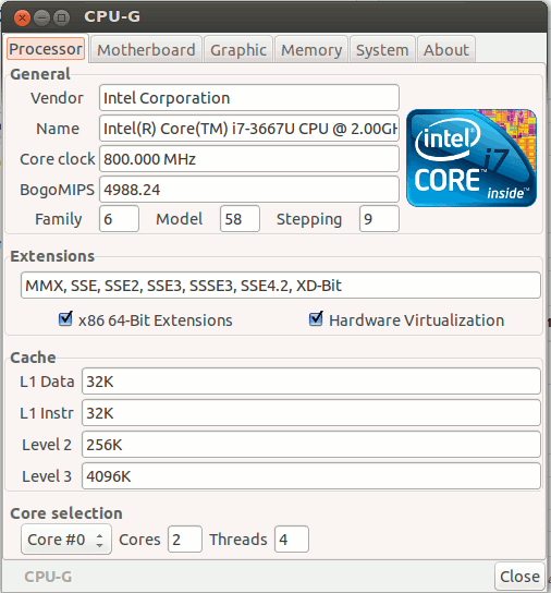 CPU-G mostrando información de la CPU