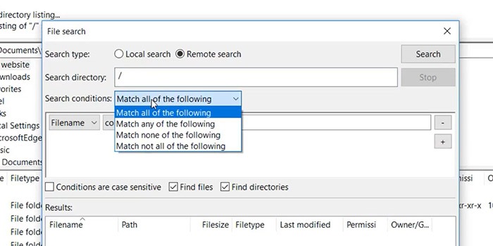 Selección de condición de herramientas de búsqueda de Filezilla Pro