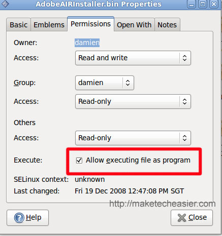 Permiso de archivo de Adobe Air para Linux