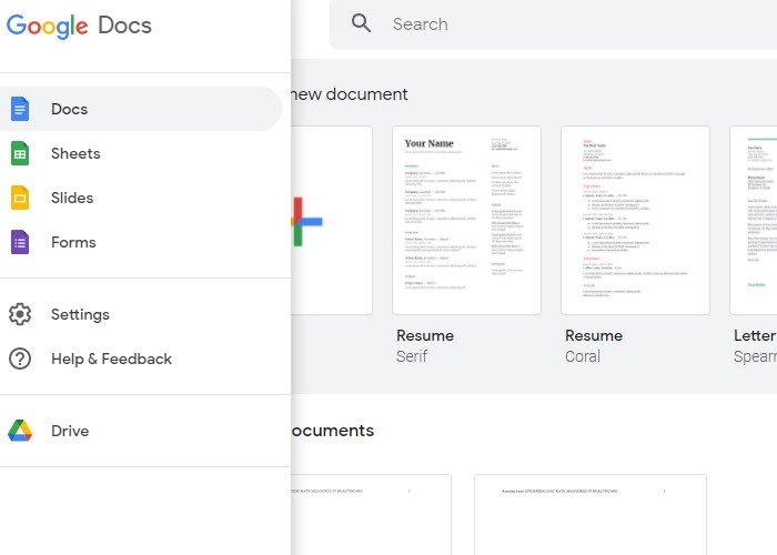 Pantalla de inicio de plantilla de Google Docs