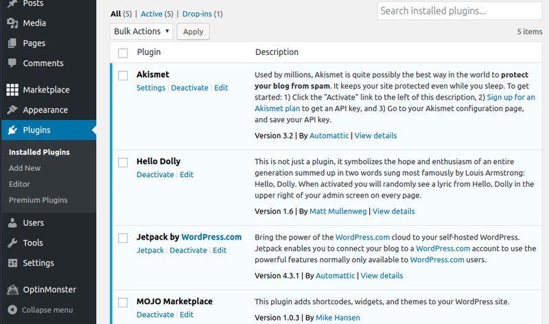 Complementos de WordPress instalados.