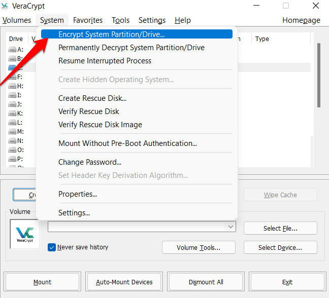 Opción de cifrado Veracrypt Windows