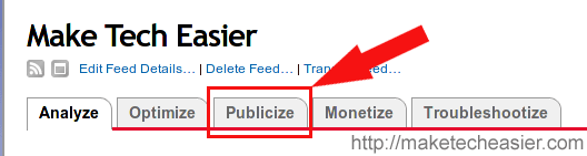 Pestaña Publicar en Feedburner