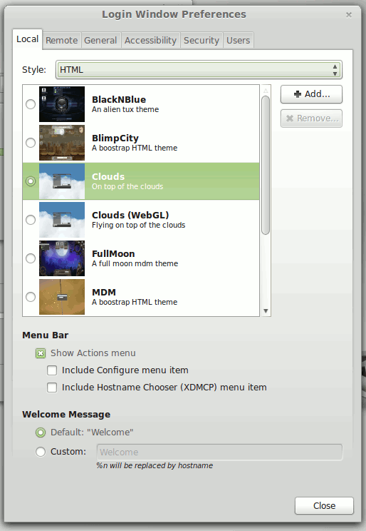 Preferencias de la ventana de inicio de sesión de Linux Mint 15