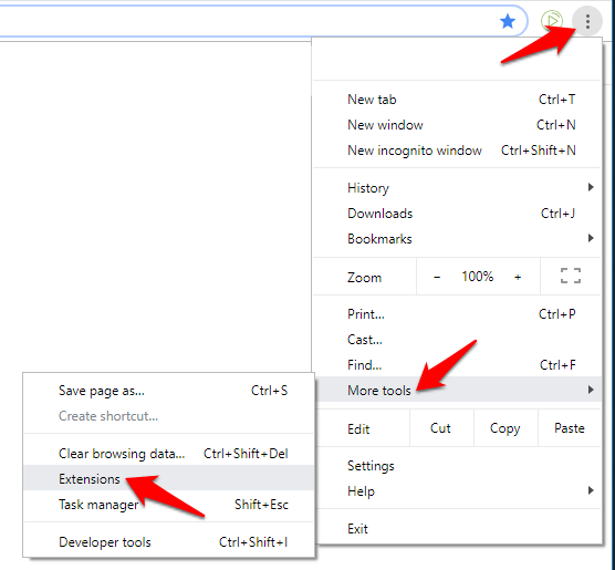 Chrome falla no funciona Menú de Chrome Más herramientas Extensiones