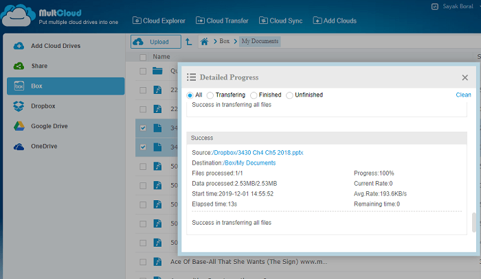 Archivos de estado de éxito transferidos de Dropbox a Box