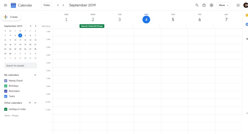 Página principal del calendario de Google