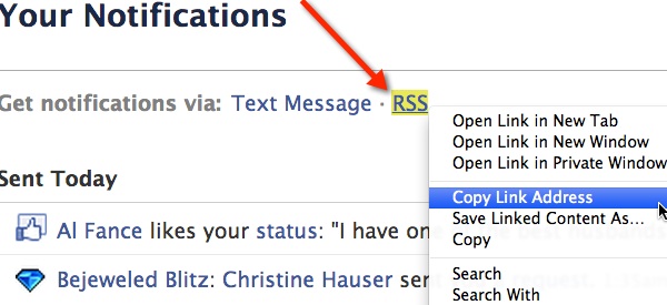 Haga clic con el botón derecho en el enlace RSS para copiar el enlace de la fuente RSS de su notificación de Facebook.