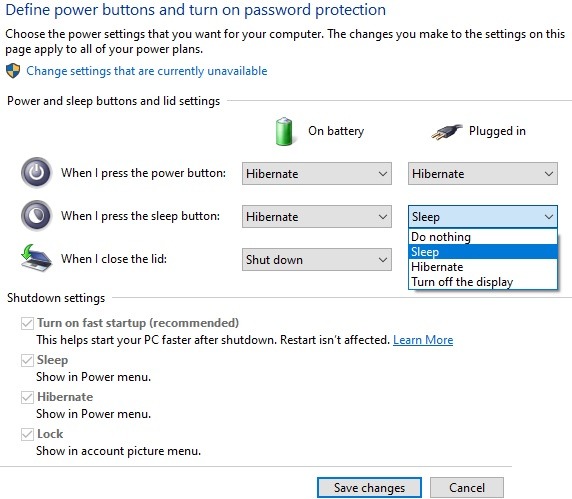 Opciones de configuración de energía de Hibernate PC 1