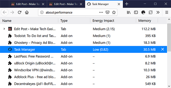 Extensiones del navegador Administrador de tareas de Firefox lento