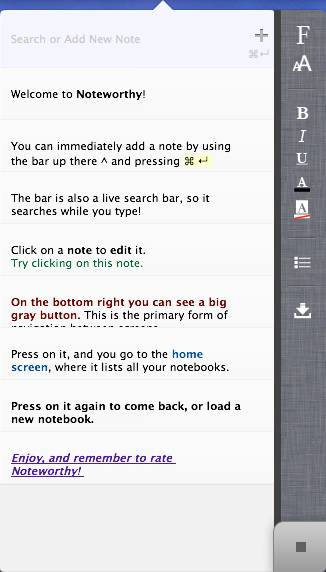Aplicación Notesworthy+ con opciones de formato convenientemente en el lado derecho