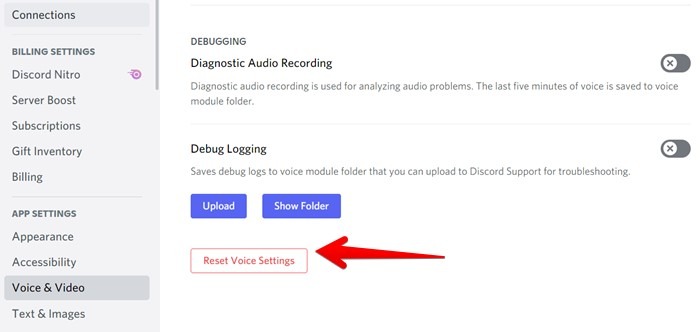 Discord Screen Share Restablecer configuración de voz