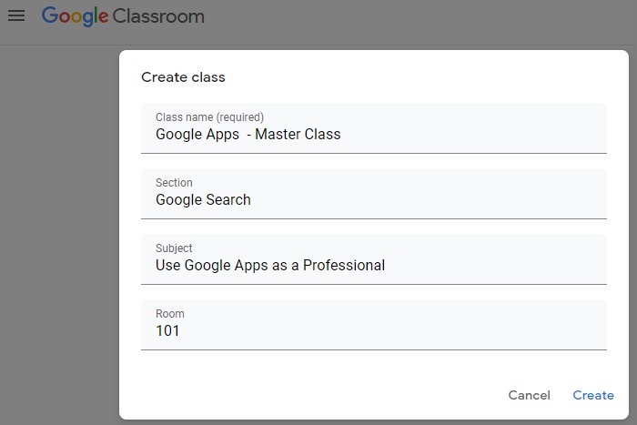 Ejemplo de creación de clase de Google Classroom