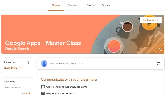 Pantalla de inicio de clase de Google Classroom