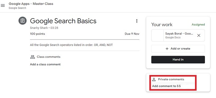 Google Classroom Añadir comentarios privados