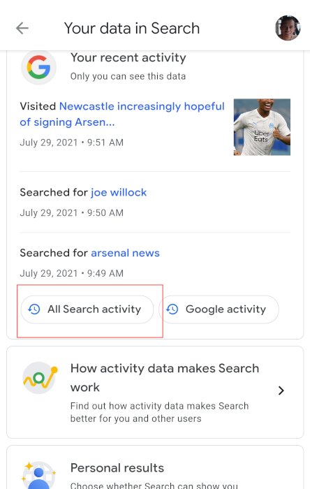 Aplicación de Google para Android Toda la actividad de búsqueda