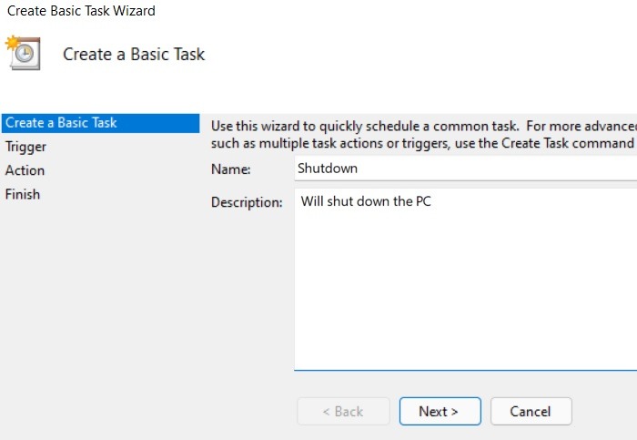 Programar Windows11 10 Shutstart Task Scheduler Crear tarea básica Descripción