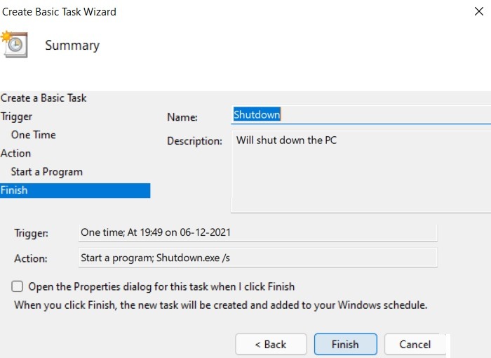 Programar Windows11 10 Shutstart Task Scheduler Create Basic Task Shutdown Finish