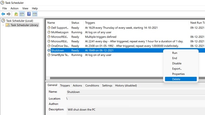 Programar Windows11 10 Shutstart Task Scheduler Eliminar Tarea básica Apagado