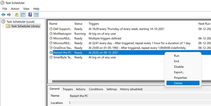 Programar Windows11 10 Shutstart Task Scheduler Eliminar Tarea básica Reiniciar