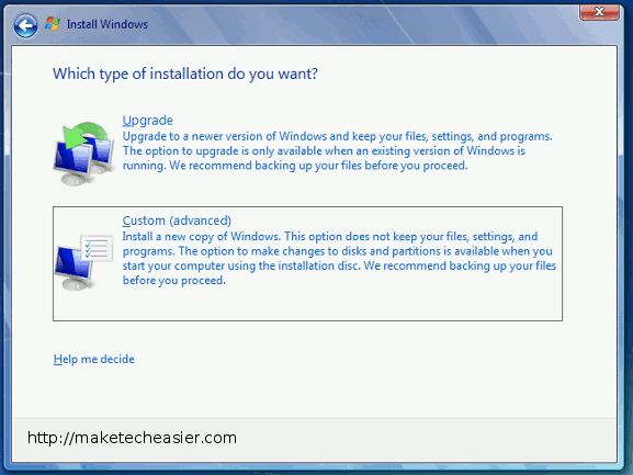 instalación personalizada de Windows