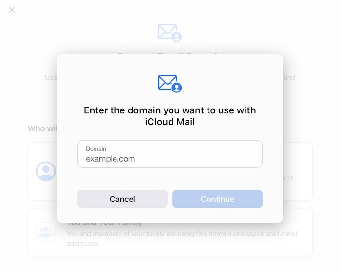 Dirección de dominio de dominio personalizado de correo de icloud