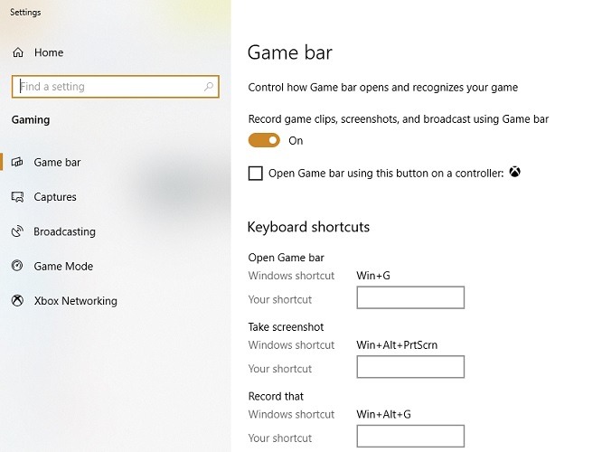 Configuración de la barra de juegos de Windows10 Screen Recorder