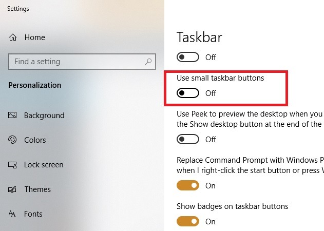 Cambiar el tamaño de los iconos del escritorio Muestra la configuración de la barra de tareas Usar iconos pequeños