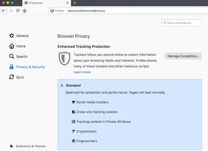 Configuración de privacidad y seguridad de Mozilla Firefox. 