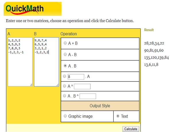 Ecuación matricial de QuickMath resuelta