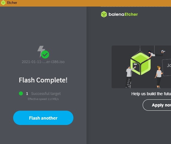 Verifique el flash Balenaetcher de arranque USB completo