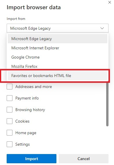 Edge Bookmarks Importar archivo Html