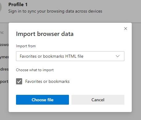 Ventana emergente del navegador de importación de marcadores de Edge