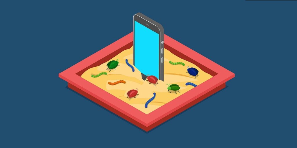 Mobile Malicious Software Application Development Sandbox Debug Flat 3d Isometric Code Programming Technology Antivirus Malware Concept Web Vector Illustration. Infected Smartphone Sand Box Bug Worm.