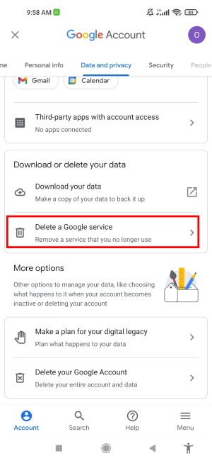 Toque Datos y privacidad Eliminar un servicio de Google