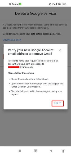 Eliminar Gmail Haga clic en Entendido