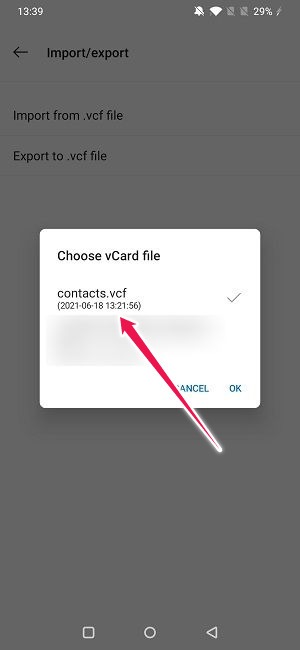 Importar exportar contactos en Android Seleccionar archivo de importación