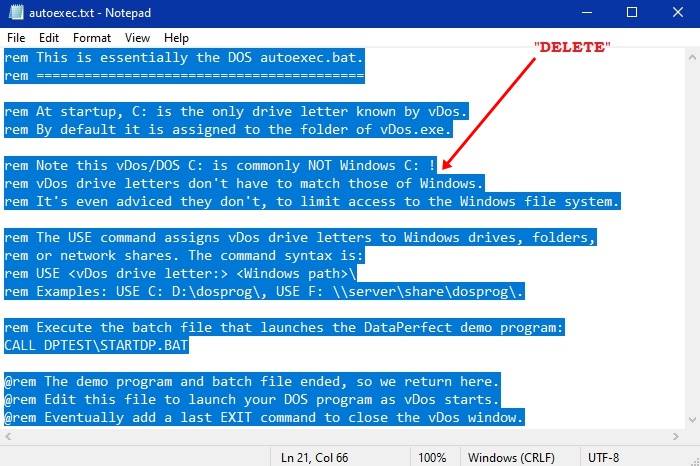 Vdos Autoexec Windows10 Eliminar todo el texto