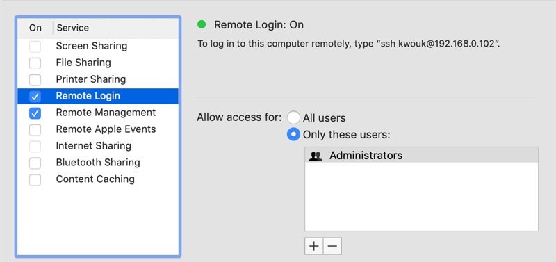 Configuración de Ssh de computadora externa Mac de acceso remoto