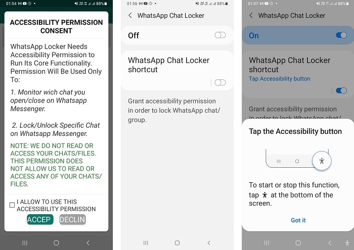 Ocultar llamadas de texto Chat Locker para permisos de accesibilidad de Whatsapp