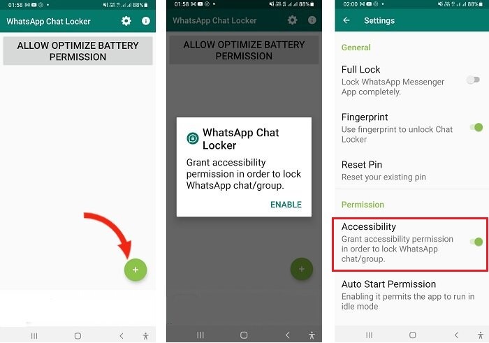 Ocultar llamadas de texto Chat Locker para Whatsapp Agregar permisos Contactos
