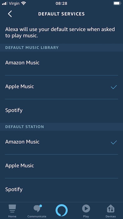 En la pantalla "Servicios predeterminados", puede designar servicios que no sean de Amazon como su biblioteca de música predeterminada.