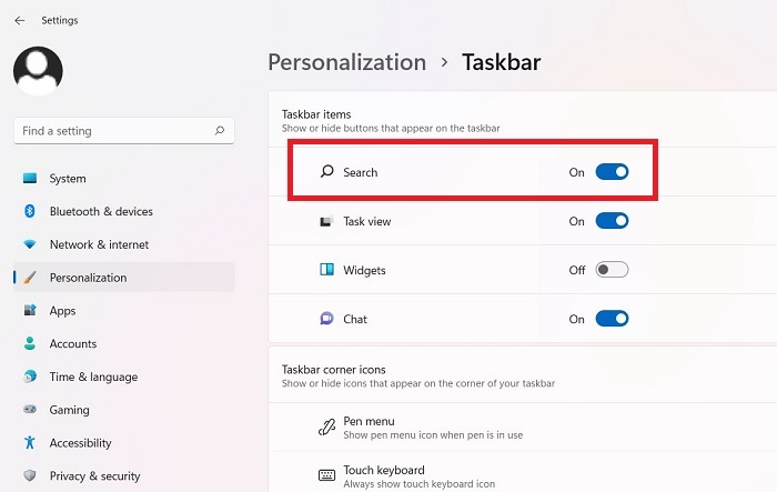 Búsqueda de elementos de la barra de tareas de personalización atascada de Windows11 habilitada