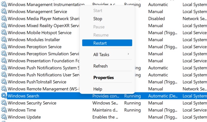 Servicios de búsqueda atascados de Windows11 Reinicio de búsqueda de Windows