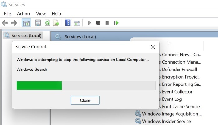 Búsqueda atascada de Windows 11 al intentar detener el servicio