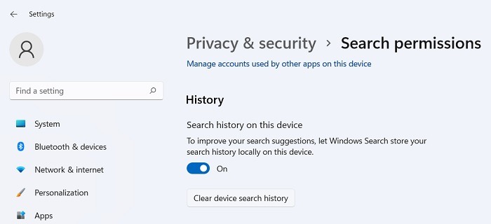 Windows11 Búsqueda atascada Privacidad y seguridad Historial de búsqueda de dispositivos