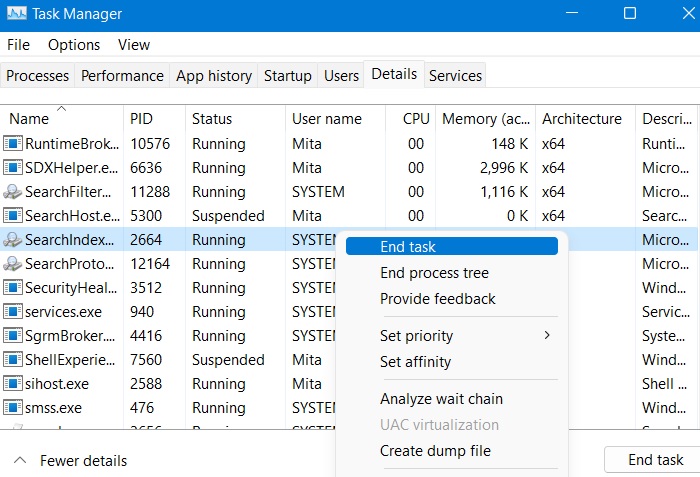 Administrador de tareas de búsqueda atascada de Windows11 Finalizar tarea Índice de búsqueda